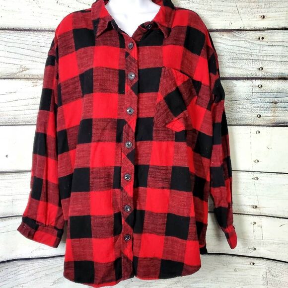 Maurices Women’s 2X Red Black Buffalo Check Plaid Flannel Button Down Shirt Cott - Picture 1 of 6